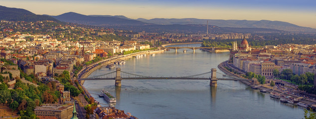 Wall Mural - panorama of Budapest city with Danube river and Chain bridge. Hungary