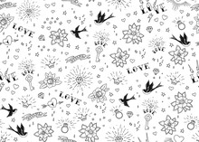 Old School Tattoos Seamles Pattern With Birds, Flowers, Roses And Hearts. Love And Wedding Theme. Black And White Traditional Tattoo Design. Vector Illustration.
