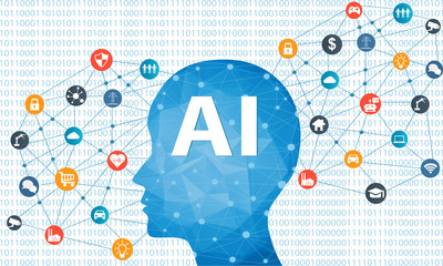 Concept of Artificial Intelligence with Human head and different icons. Digital Network Connection Modern communication technology.