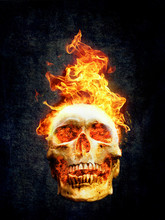 Human Skull Burning With Fire On Abstract Dark Background