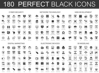 Poster - Cyber security, network technology, web development, digital marketing, electronic devices, 3d modeling black classic icon set.