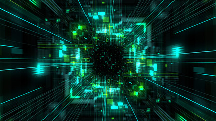 Wall Mural - abstract futuristic sci fi warp tunnel with particle grid. graphic for data center, server, internet
