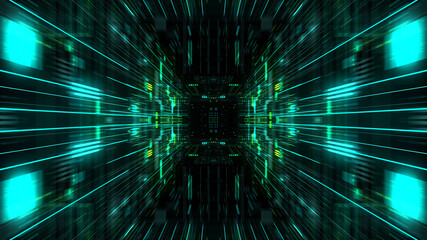 Wall Mural - Abstract futuristic sci fi warp tunnel with particle grid. Graphic for data center, server, internet, speed. Futuristic big data visualisation, hi tech background. 3D rendering.