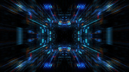 Wall Mural - Abstract futuristic sci fi warp tunnel with particle grid. Graphic for data center, server, internet, speed. Futuristic big data visualisation, hi tech background. 3D rendering.