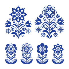 Poster - Scandinavian flowers design, folk art decoration with flowers, Nordic retro background in navy blue