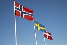 Scandinavian Country Flags Against Blue Sky, Hornbaek, Kattegat Coast, Zealand, Denmark