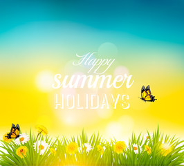 Poster - Happy summer holidays background with flowers, grass and butterflies. Vector