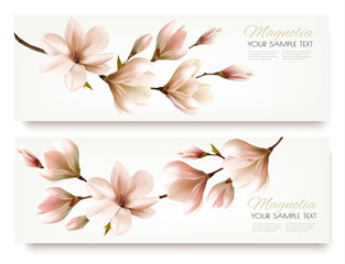 Poster - Nature spring banners with beautiful magnolia branches. Vector.