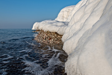 melting ice on baltic sea coast.