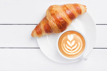 Coffee Croissant View From Above Wooden Background White