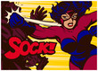 Pop art comic book style panel with super heroine throwing punch and beating super villain female superhero vector illustration