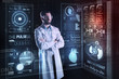 © Viacheslav Yakobchuk - Thoughtful doctor. Serious attentive young doctor frowning and standing with his arms crossed while thoughtfully looking at the information on a transparent screen of a futuristic device