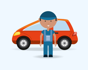 Poster - Car service design with cartoon mechanic man and car over blue background, colorful design vector illustration