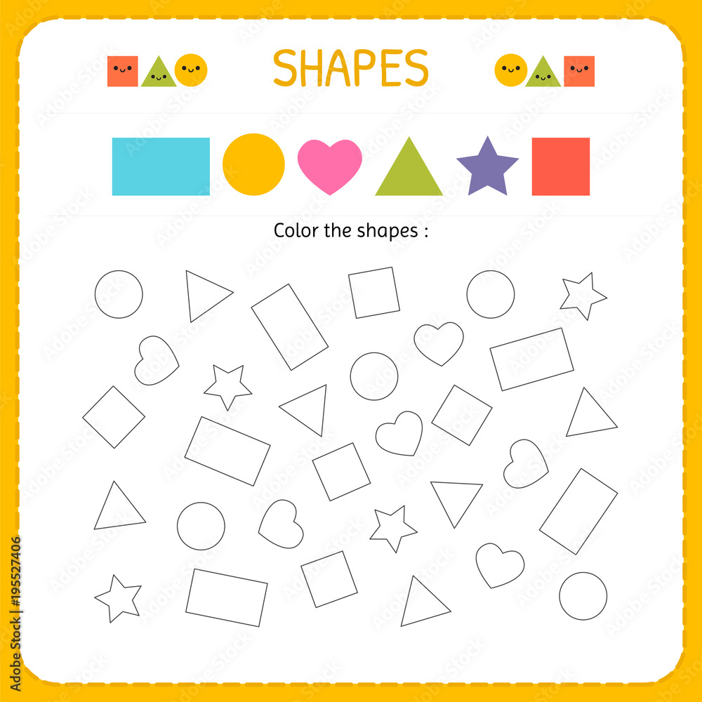 Coloring multiple shapes. Learn shapes and geometric figures. Preschool or kindergarten  worksheet for practicing motor skills Stock Vector | Adobe Stock, image size:1000x1000
