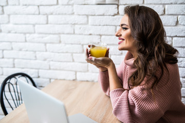 Wall Mural - Cute young woman having a cup of tea while using her laptop in her kitchen