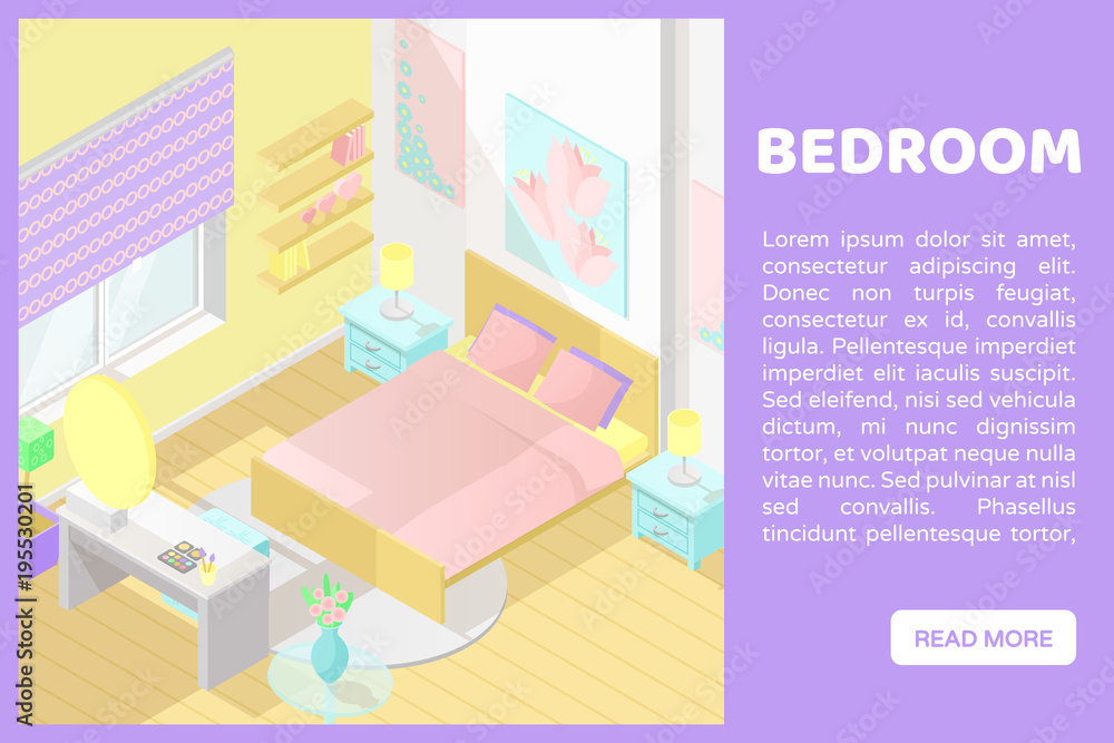 Vector isometric low poly cutaway interior illustartion. Bedroom with ...