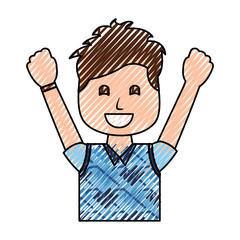 Sticker - portrait happy man with vest clothes raised hands vector illustration drawing image