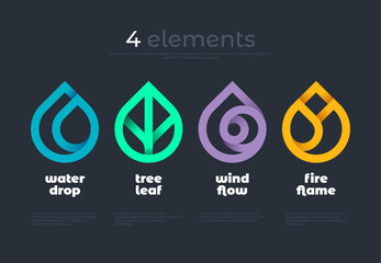 nature elements. water, fire, earth, air. gradient logo on dark background. alternative energy sourc