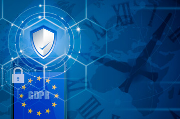 Wall Mural - Padlock over smartphone and EU flag inside mobile phone and EU map, symbolizing the EU General Data Protection Regulation or GDPR. Designed to harmonize data privacy laws across Europe.