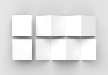 8 page leaflet, 4 panel accordion fold square brochure mock up isolated on light gray background. 3D illustrating.