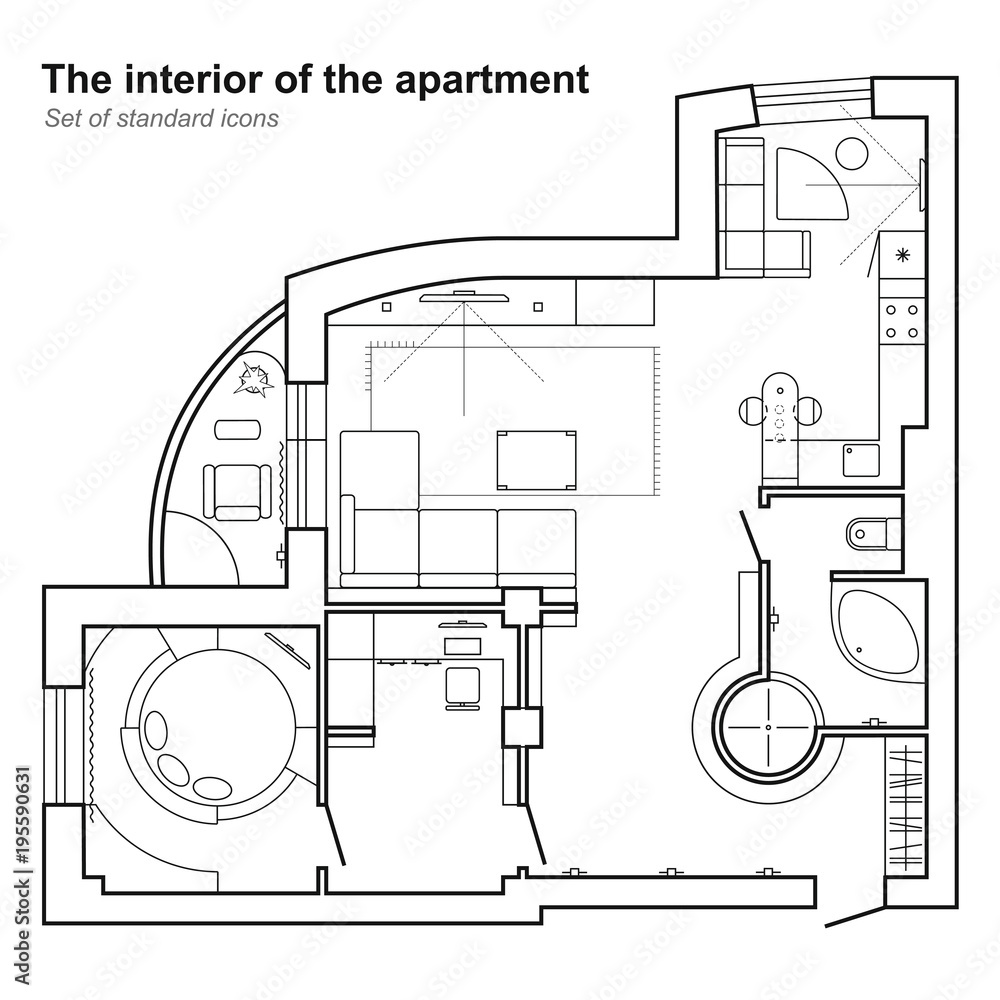 Architectural plan of a house in top view. Floor plan with furniture ...