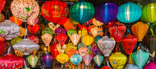 Many Colors Of Silk Lanterns Lit Up At Night