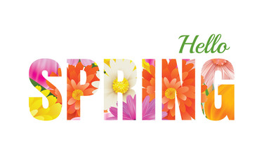 Wall Mural - hello spring flowers design in text background.
