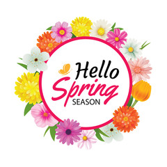 Wall Mural - hello spring circle frame greeting card and flowers decoration.