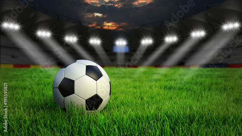 Obraz na płótnie Piłki nożnej piłka na trawie w stadium przy nocą z światłami reflektorów, 3D rendering