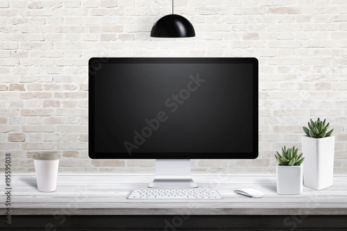 Computer Display On Modern Office Desk With Plants Nad Plastic Cup