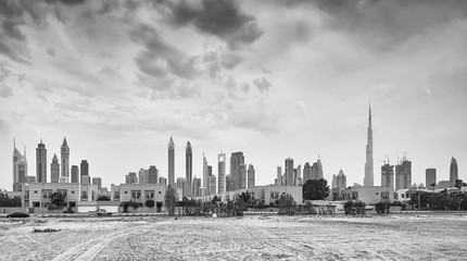  Black and white panoramic picture of Dubai skyline, United Arab Emirates.
