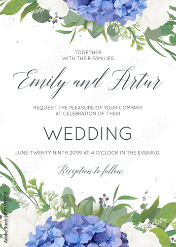 Wedding floral invite, invitation, card design with elegant bouquet of blue h...