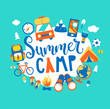 Summer camp concept with handdrawn lettering, Camping and Travelling on holiday with different equipment such as tent, backpack and others. Poster in flat style, vector illustration.
