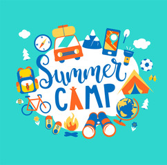 summer camp concept with handdrawn lettering, camping and travelling on holiday with different equip