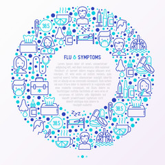 Wall Mural - Flu and symptoms concept in circle thin line icons: temperature, chills, heat, runny nose, doctor with stethoscope, nasal drops, cough, phlegm in the lungs. Vector illustration for medical report.