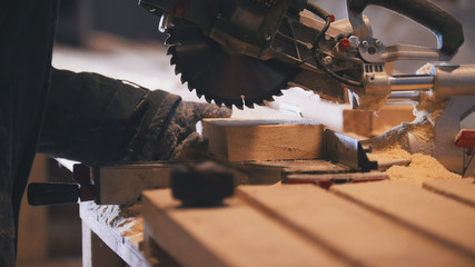 Worker carpenter figuring wooden board before circular saw sawing