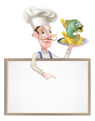 Wall Mural - Cartoon Chef Holding Fish and Chips Sign