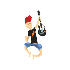 Poster - Young guitarist of rock band in jumping action. Guy with crazy hair wearing blue shorts and black t-shirt. Cartoon kid character with electric guitar. Flat vector design