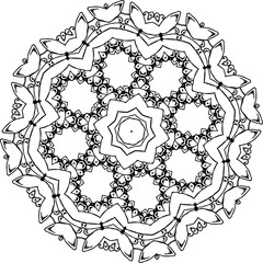 Black and white illustration of a mandala - a flower of life. Cosmic space.