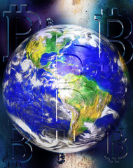 Aufkleber - Bitcoin cryptocurrency concept and earth, graphic collage.
