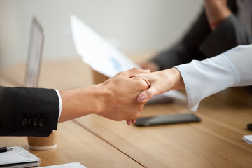 Sticker - Multiracial businessman and businesswoman handshaking promising good deal at meeting, african man shaking hand of caucasian woman respecting gender equality or racial diversity concept, close up view