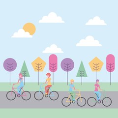 Canvas Print - young people riding bike in road with trees vector illustration