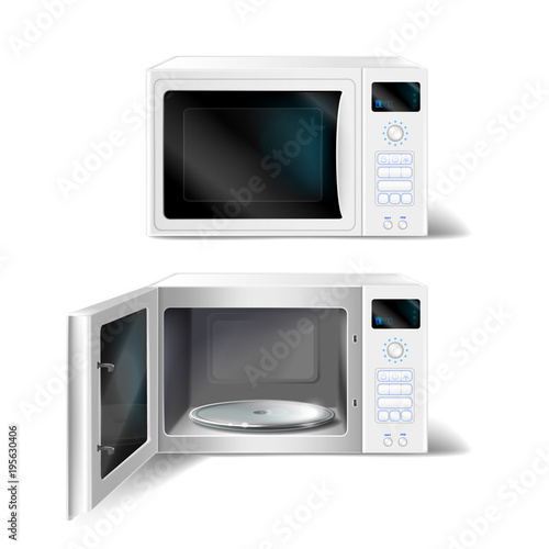Vector 3d realistic white microwave 3d vector microwave oven with glass