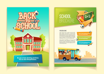 Back to school brochure vector cartoon template, educational leaflet with happy kids, riding on yellow schoolbus. Colorful cover or page for book, ready flyer for print with infographic elements