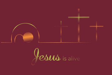 Sticker - Easter background. Three crosses and empty tomb with text : Jesus is alive.