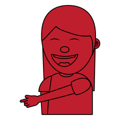 Sticker - portrait laughing young woman pointing with finger something vector illustration red image