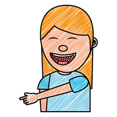 Sticker - portrait laughing young woman pointing with finger something vector illustration drawing image