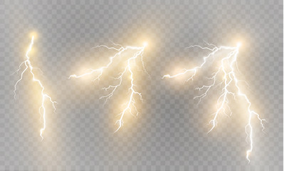 Wall Mural - a set of lightning magic and bright light effects. vector illustration. discharge electric current. 