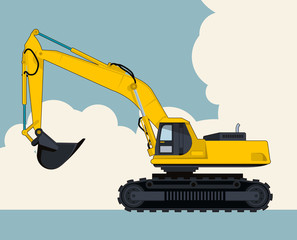 Big yellow excavator, sky with clouds in background. Banner layout with earth mover. Vintage color stylization. Construction machinery vehicle and ground works. Flatten illustration master vector.