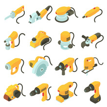 Electric Tools Icons Set, Isometric Cartoon Style